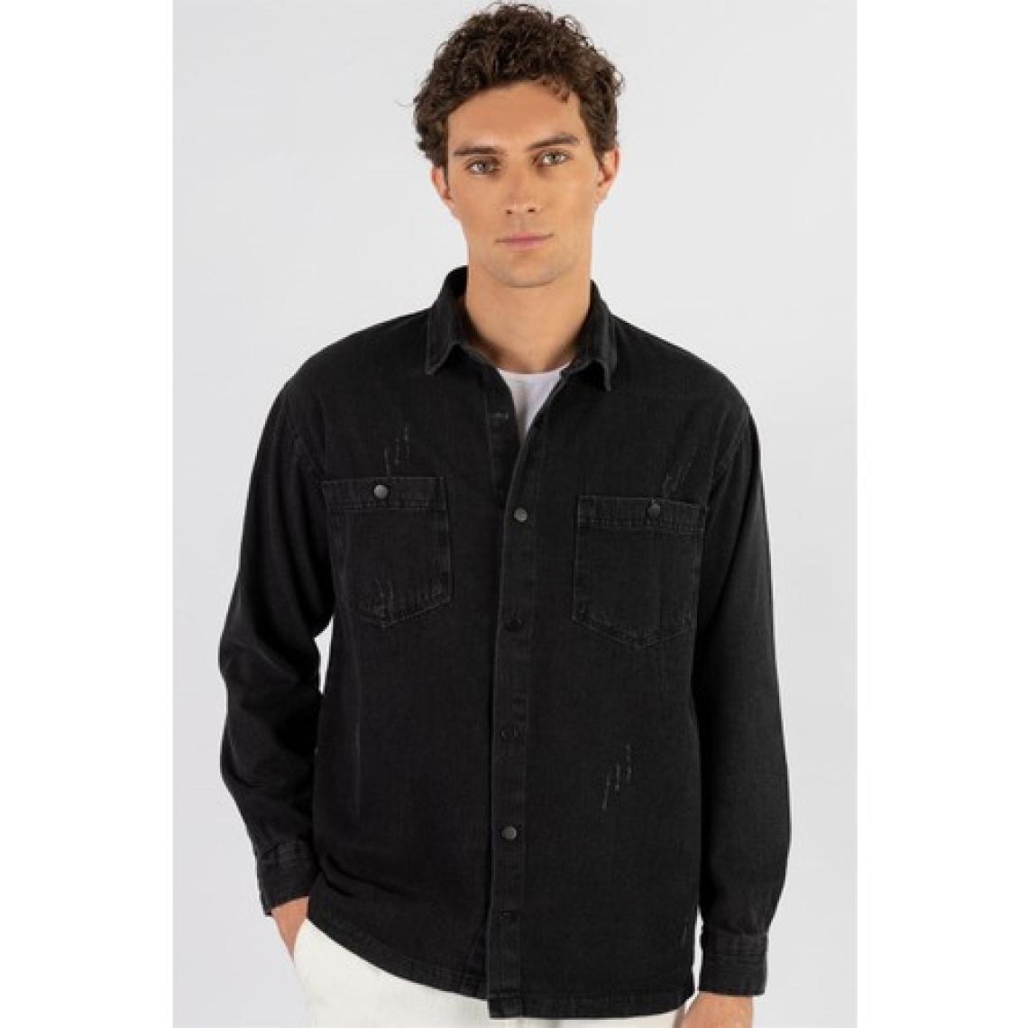 Tudors Relax Fit Rahat Kalıp Uzun Kol  Eskitmeli Siyah Denim Erkek Gömlek