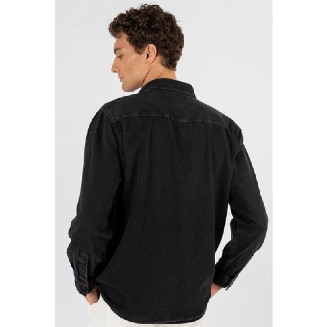 Tudors Relax Fit Rahat Kalıp Uzun Kol  Eskitmeli Siyah Denim Erkek Gömlek