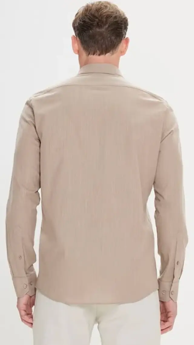Altınyıldız Classics Erkek Vizon Slim Fit Dar Kesim Düğmeli Yaka Keten Görünümlü %100 Pamuk Flamlı Gömlek