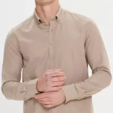 Altınyıldız Classics Erkek Vizon Slim Fit Dar Kesim Düğmeli Yaka Keten Görünümlü %100 Pamuk Flamlı Gömlek