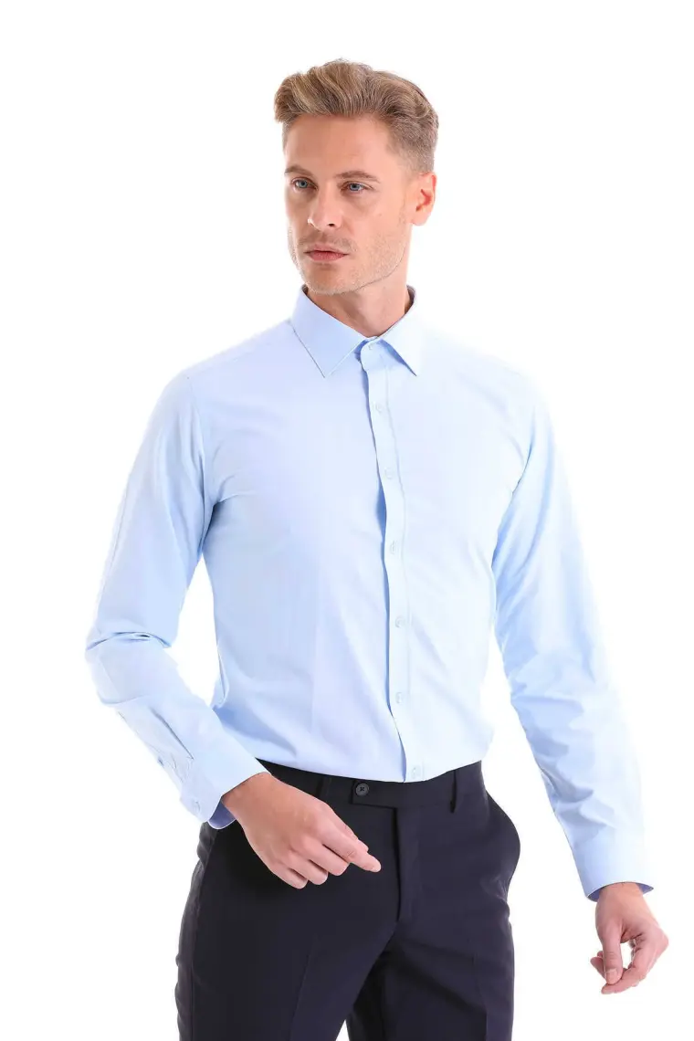 Hatemoğlu Erkek Mavi Slim Fit Pamuklu Uzun Kollu Gömlek