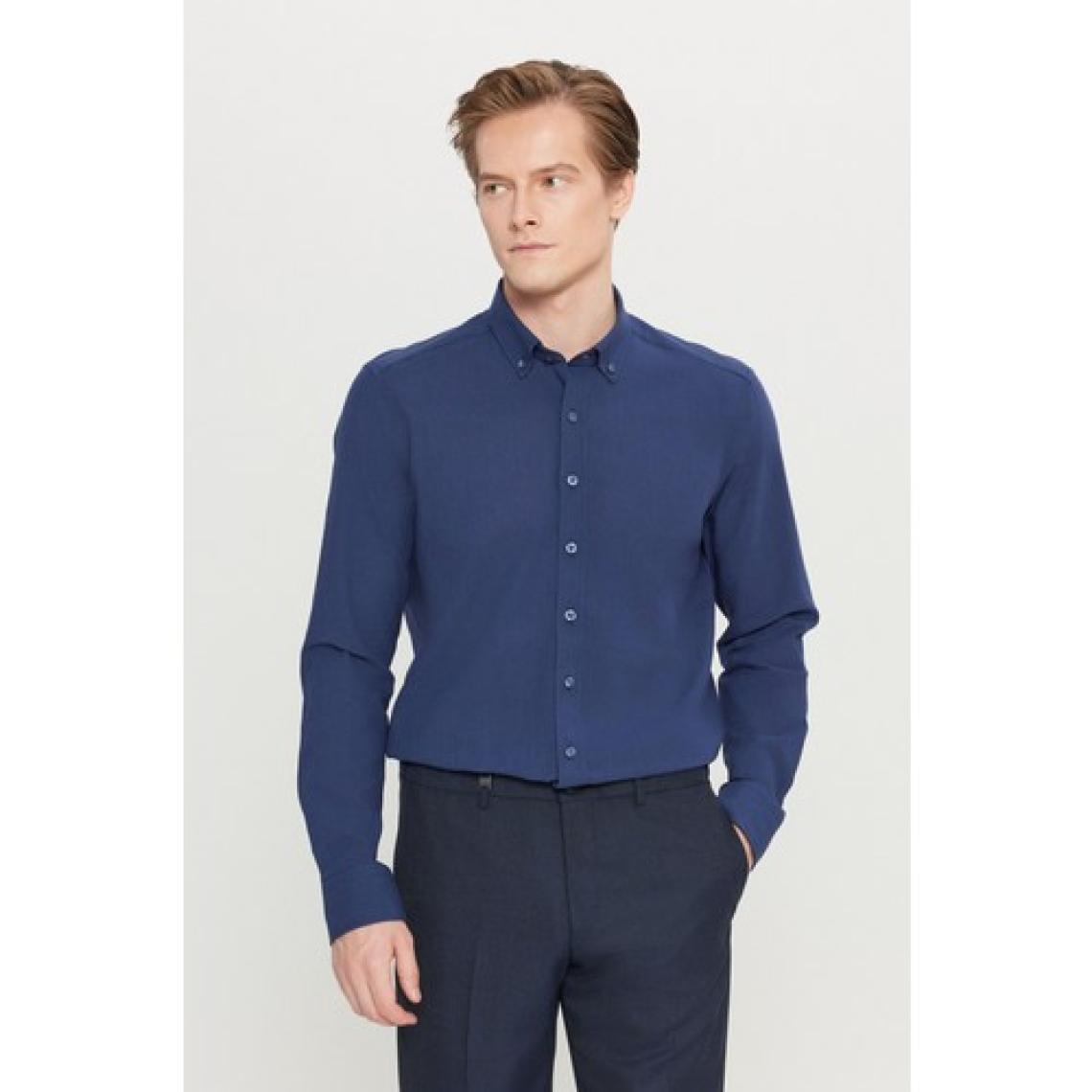 Altınyıldız Classics Erkek Lacivert Slim Fit Düğmeli Yaka Keten Görünümlü %100 Pamuk Flamlı Gömlek