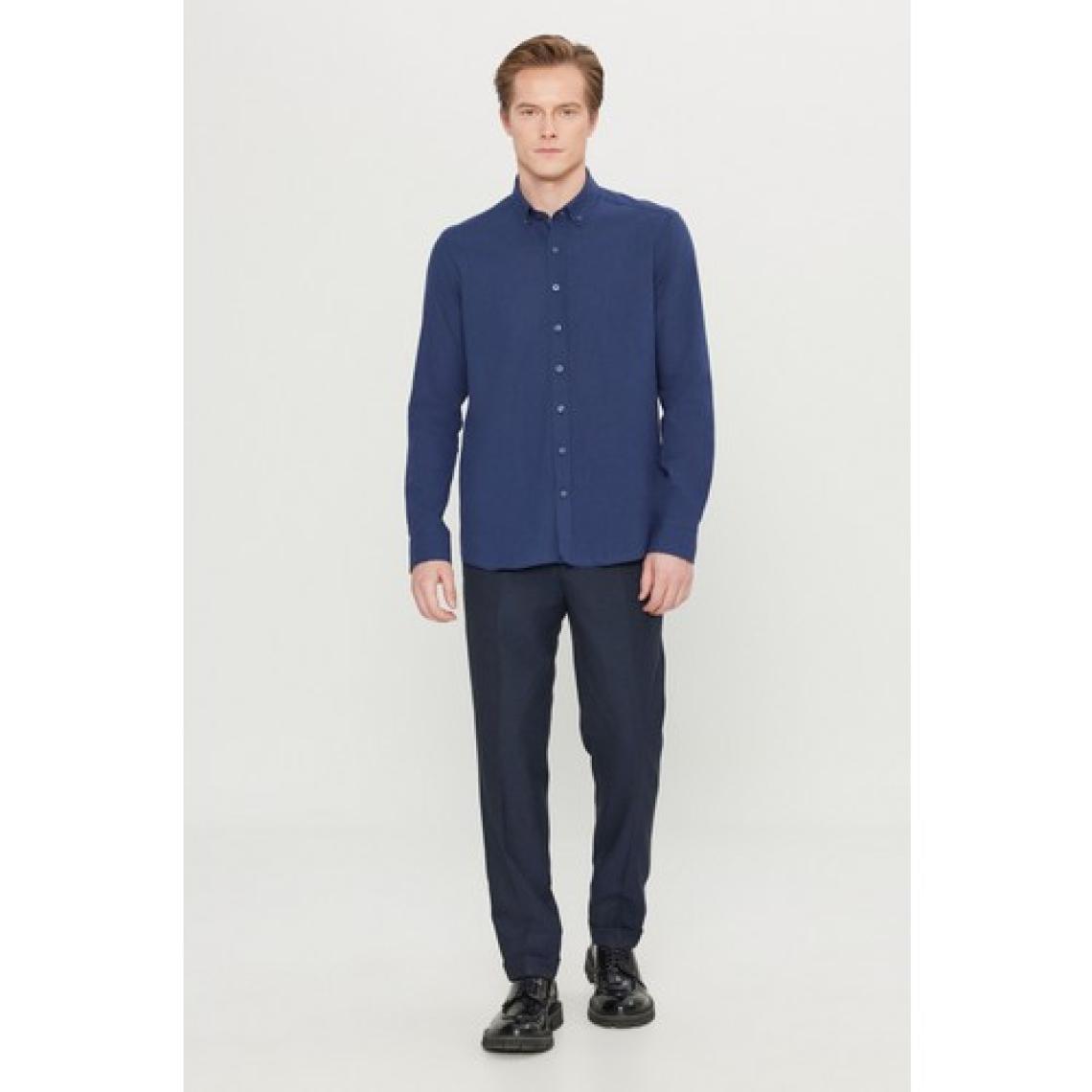 Altınyıldız Classics Erkek Lacivert Slim Fit Düğmeli Yaka Keten Görünümlü %100 Pamuk Flamlı Gömlek