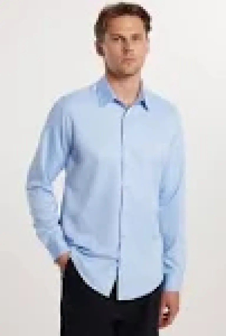 Slim Fit Uzun Kollu Kolay Ütü Teri Emen Nefes Alan Doku Kravatlık Dört Mevsim Mavi Erkek Gömlek