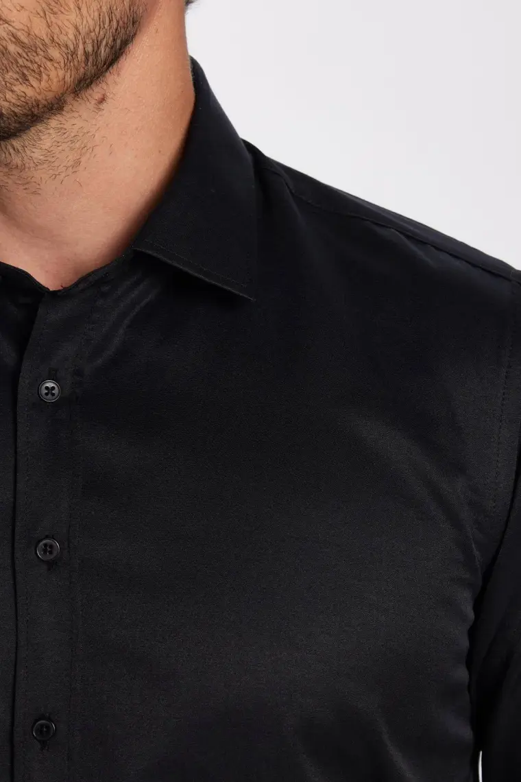 Tudors Slim Fit Düz Siyah Erkek Gömlek