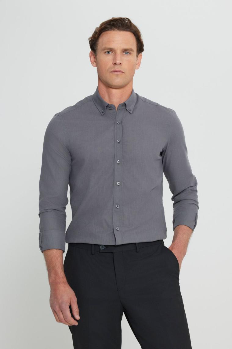 Altınyıldız Classics Pamuklu Örme Slim Fit Dar Kesim Düğmeli Yaka Gri Gömlek