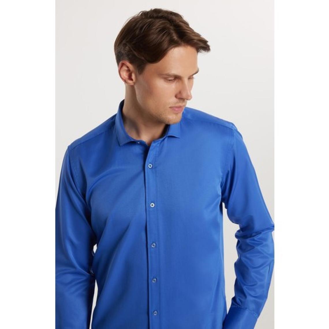 Modern Slim Fit Uzun Kollu Düz Saten Pamuklu Erkek Sax Mavi Gömlek
