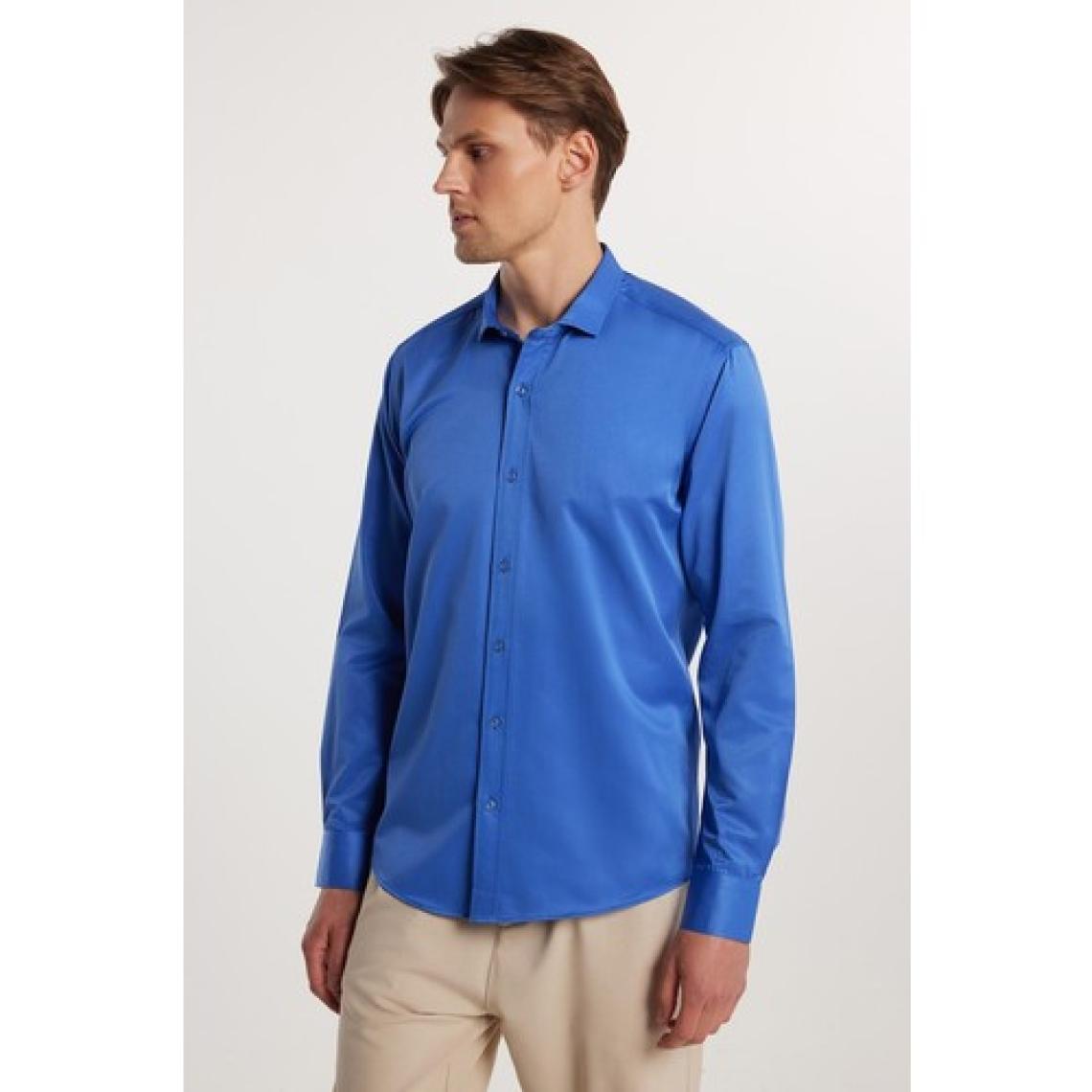 Modern Slim Fit Uzun Kollu Düz Saten Pamuklu Erkek Sax Mavi Gömlek