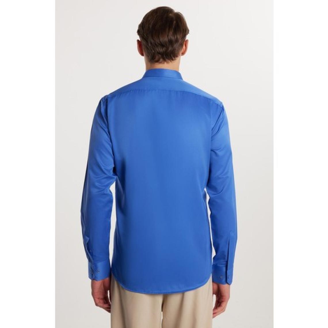 Modern Slim Fit Uzun Kollu Düz Saten Pamuklu Erkek Sax Mavi Gömlek