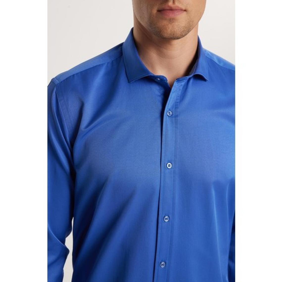 Modern Slim Fit Uzun Kollu Düz Saten Pamuklu Erkek Sax Mavi Gömlek