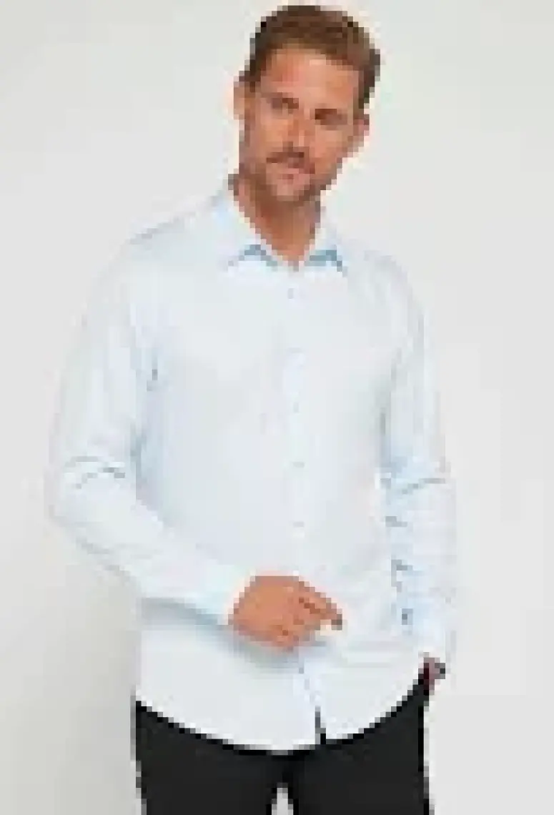 Tudors Slim Fit Uzun Kollu Kolay Ütü Teri Emen Nefes Alan Doku Kravatlık Dört Mevsim Mavi Erkek Gömlek