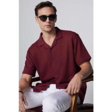 Tudors Relax Fit Rahat Kalıp Kısa Kollu Apaj Yaka Örme Kumaş Yazlık Bordo Erkek Gömlek