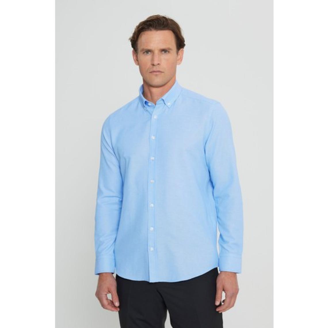 Altınyıldız Classics Erkek Mavi Düğmeli Yaka Kolay Ütülenebilir Pamuklu Slim Fit Dar Kesim Oxford Gömlek