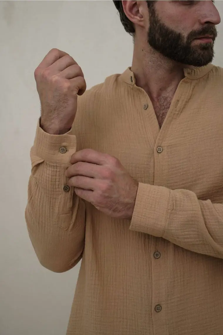 Bohemai Owen Erkek Oversize Hakim Yaka Caramel Müslin Gömlek