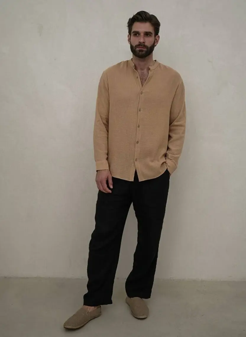 Bohemai Owen Erkek Oversize Hakim Yaka Caramel Müslin Gömlek