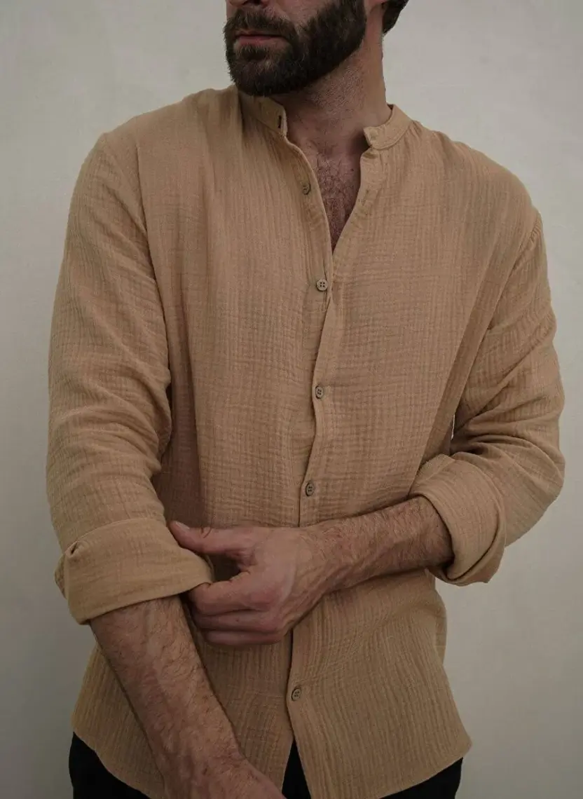 Bohemai Owen Erkek Oversize Hakim Yaka Caramel Müslin Gömlek