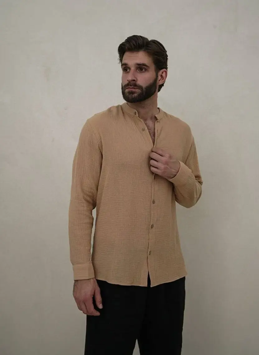 Bohemai Owen Erkek Oversize Hakim Yaka Caramel Müslin Gömlek
