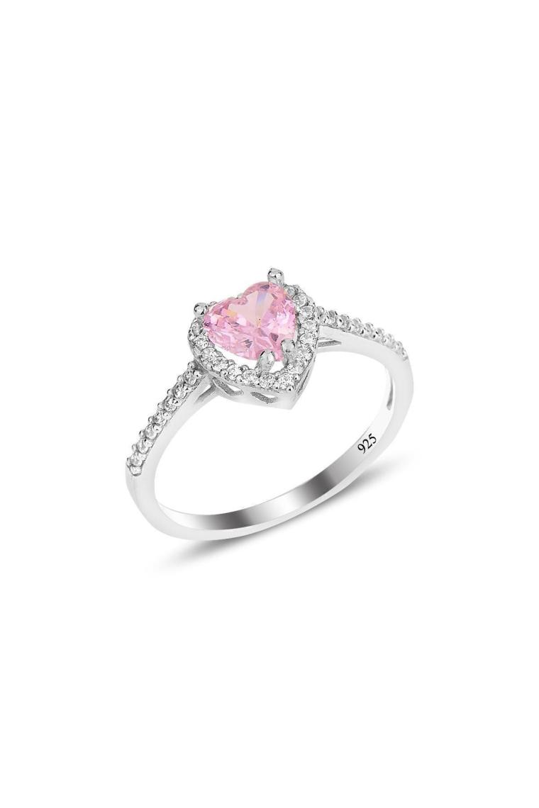 Söğütlü Silver Gümüş Rodyumlu Pembe Taşlı Pırlanta Montürlü Kalp Modeli Yüzük