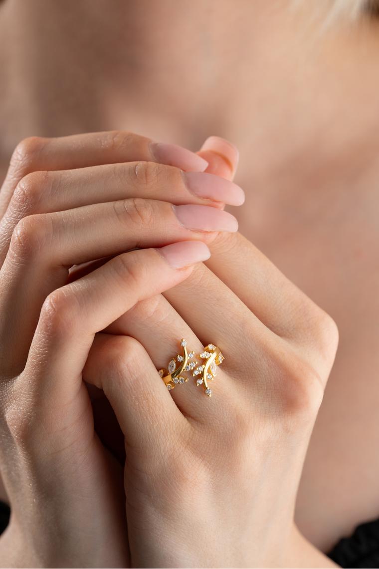 Nereze 925 Ayar Ayarlanabilir Zirkon Taşlı Gold Zeytin Dalı Gümüş Yüzük