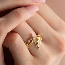 Nereze 925 Ayar Ayarlanabilir Zirkon Taşlı Gold Zeytin Dalı Gümüş Yüzük