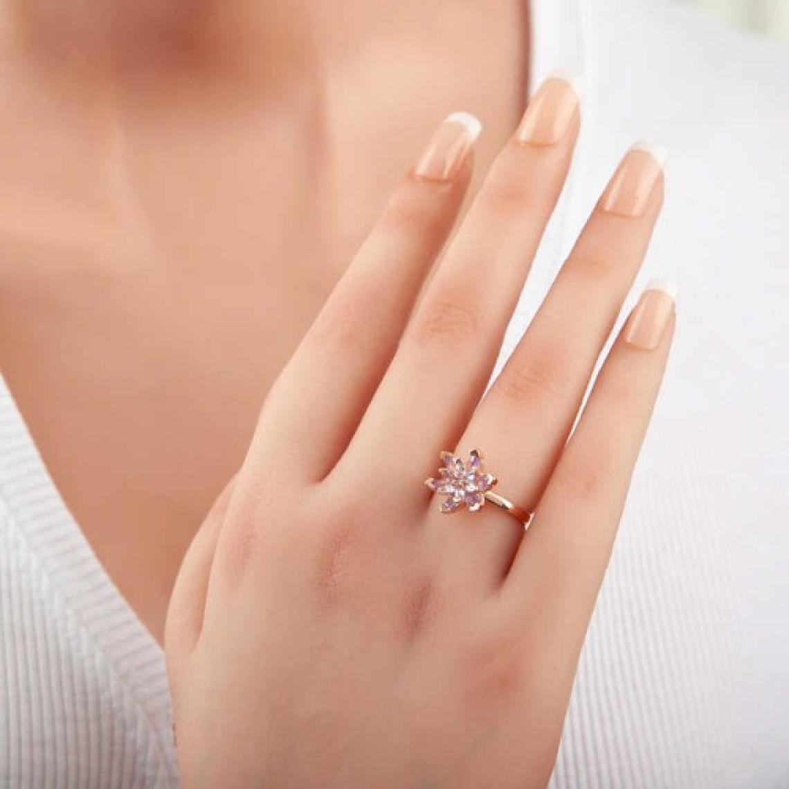 925 Gümüş Gümüş Rose Lila Taşlı Lotus Çiçeği Kadın Yüzük