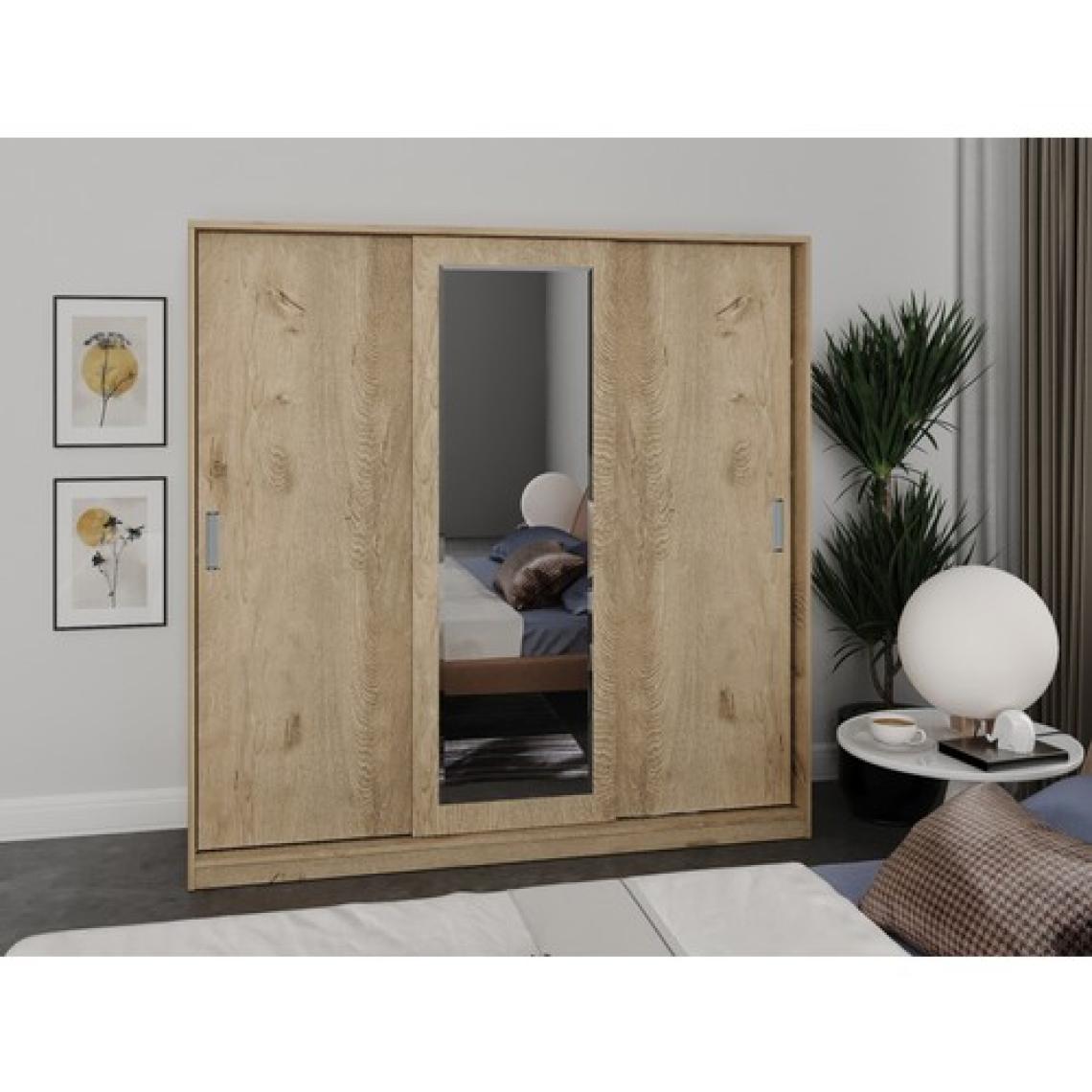 Kzn Home 3 Kapaklı Sürgülü Aynalı Gardrop Elbise Dolabı - Tamamı Meşe Mdf