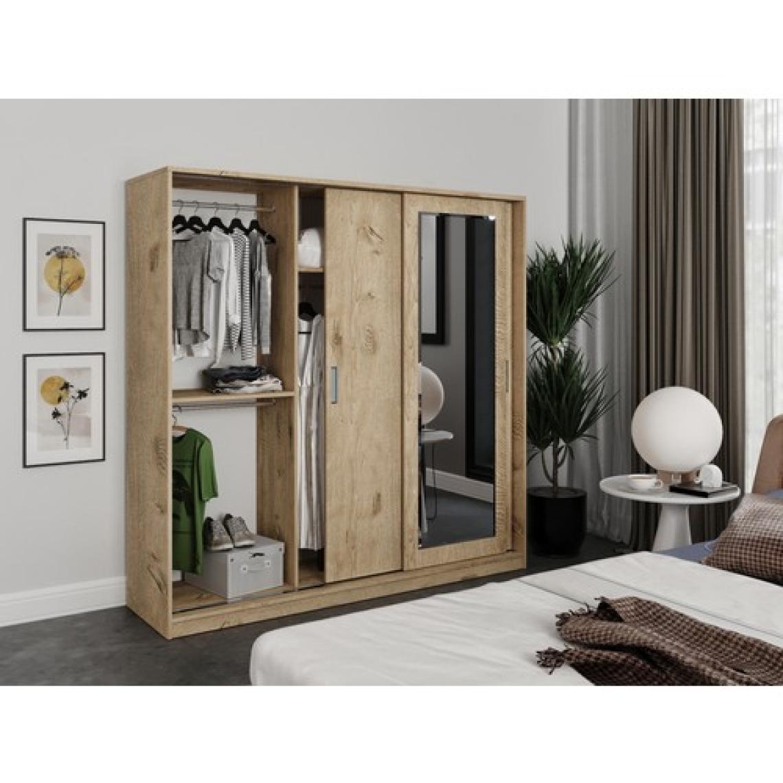 Kzn Home 3 Kapaklı Sürgülü Aynalı Gardrop Elbise Dolabı - Tamamı Meşe Mdf