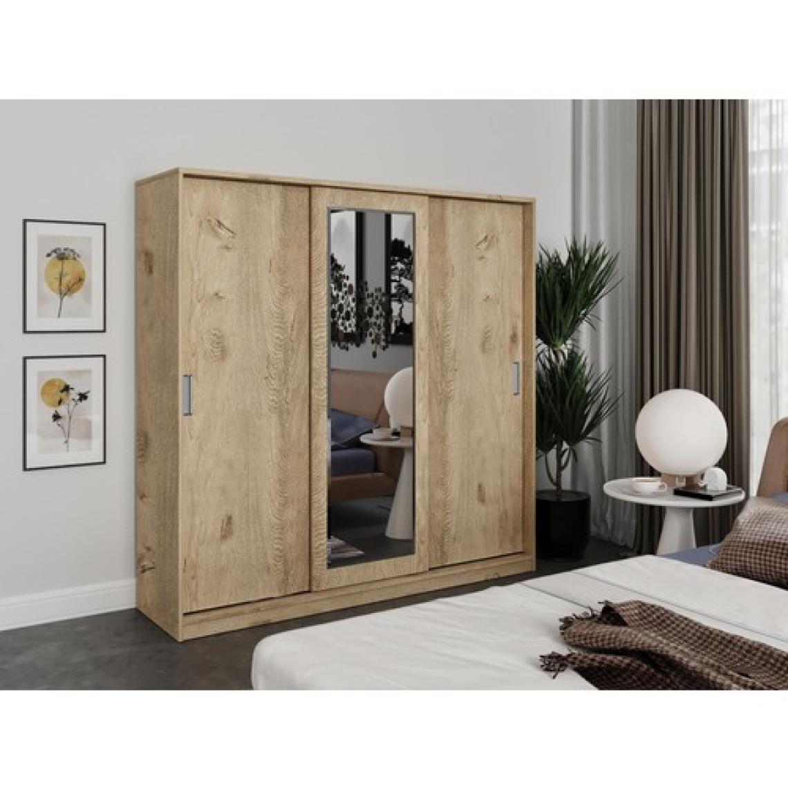 Kzn Home 3 Kapaklı Sürgülü Aynalı Gardrop Elbise Dolabı - Tamamı Meşe Mdf