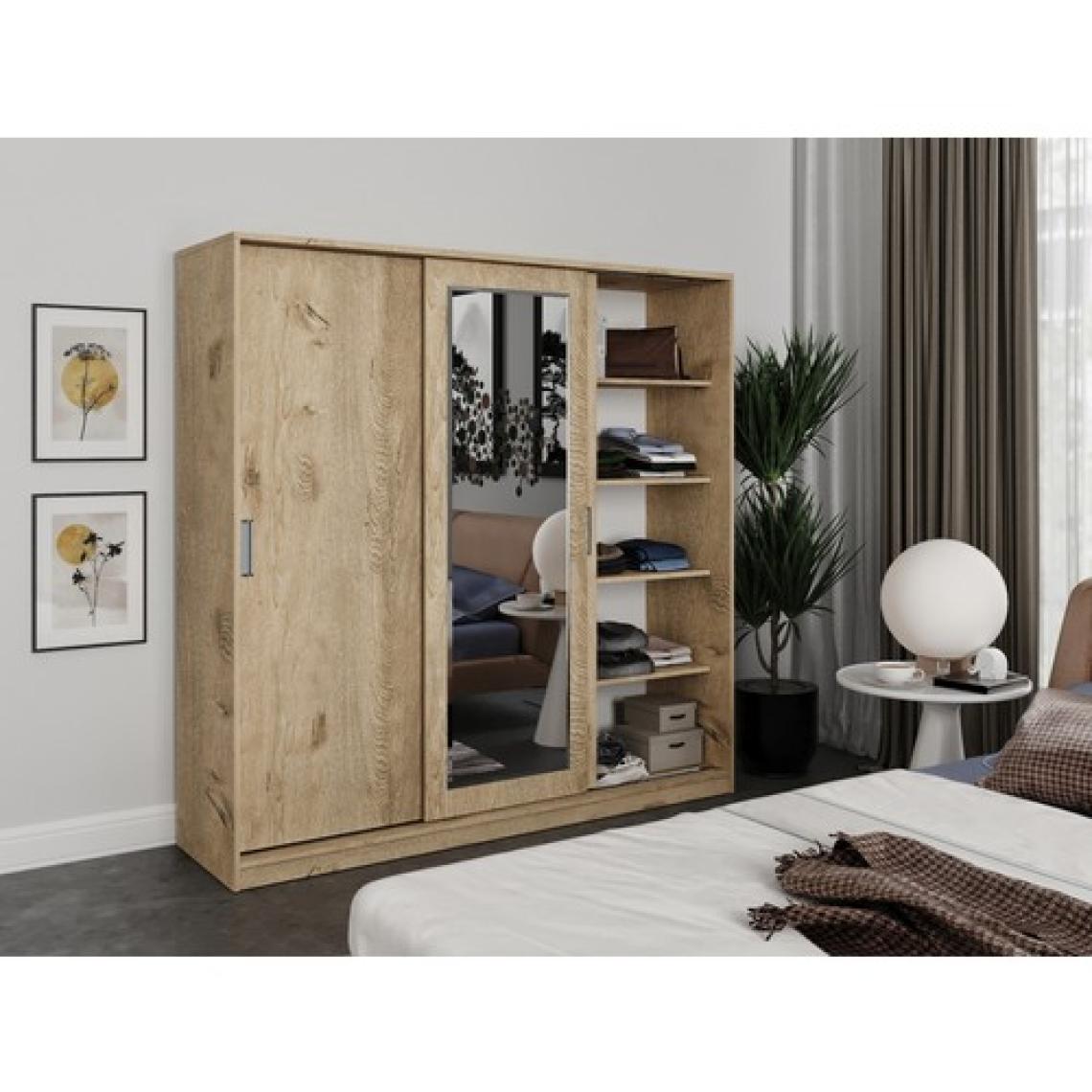 Kzn Home 3 Kapaklı Sürgülü Aynalı Gardrop Elbise Dolabı - Tamamı Meşe Mdf