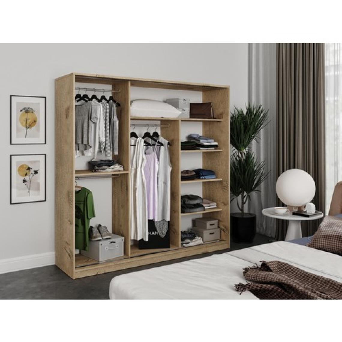 Kzn Home 3 Kapaklı Sürgülü Aynalı Gardrop Elbise Dolabı - Tamamı Meşe Mdf