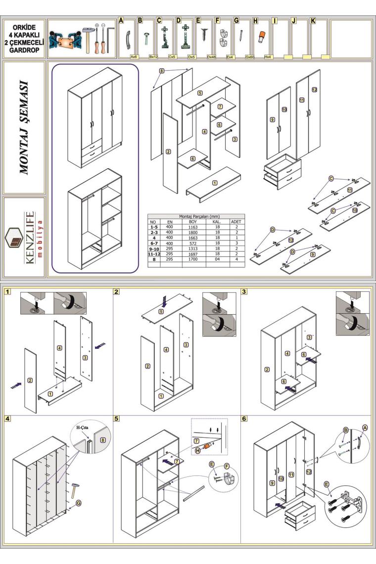 Kenzlife gardırop 4 kapaklı kapılı 2 çekmeceli orkide byz 180*120*42 gardolap dolap