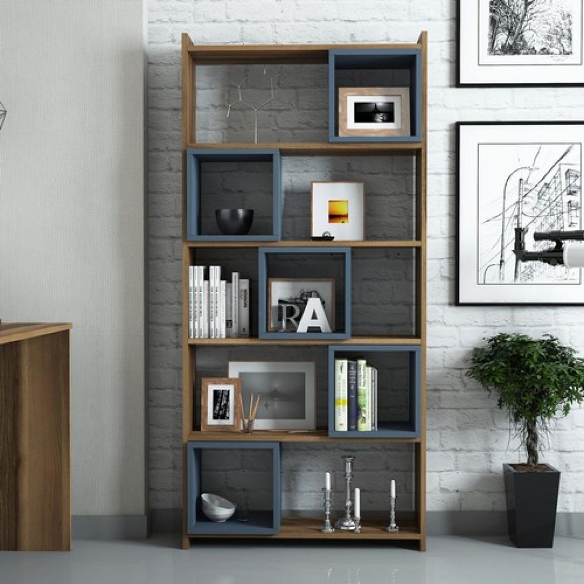 Variant Mobilya Box Çalışma Masası Ve Kitaplık Takımı - Ceviz / Mavi
