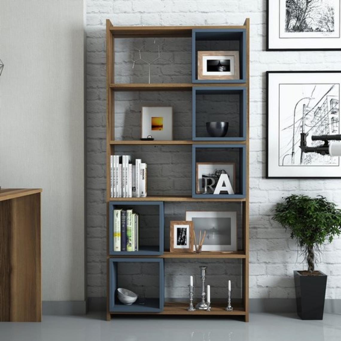 Variant Mobilya Box Çalışma Masası Ve Kitaplık Takımı - Ceviz / Mavi