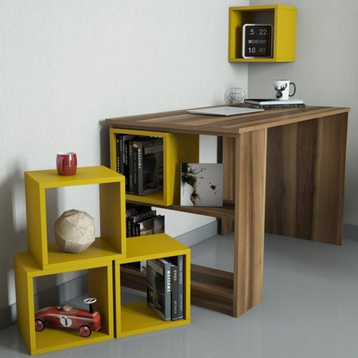 Variant Mobilya Box Çalışma Masası Ve Kitaplık Takımı - Ceviz / Sarı