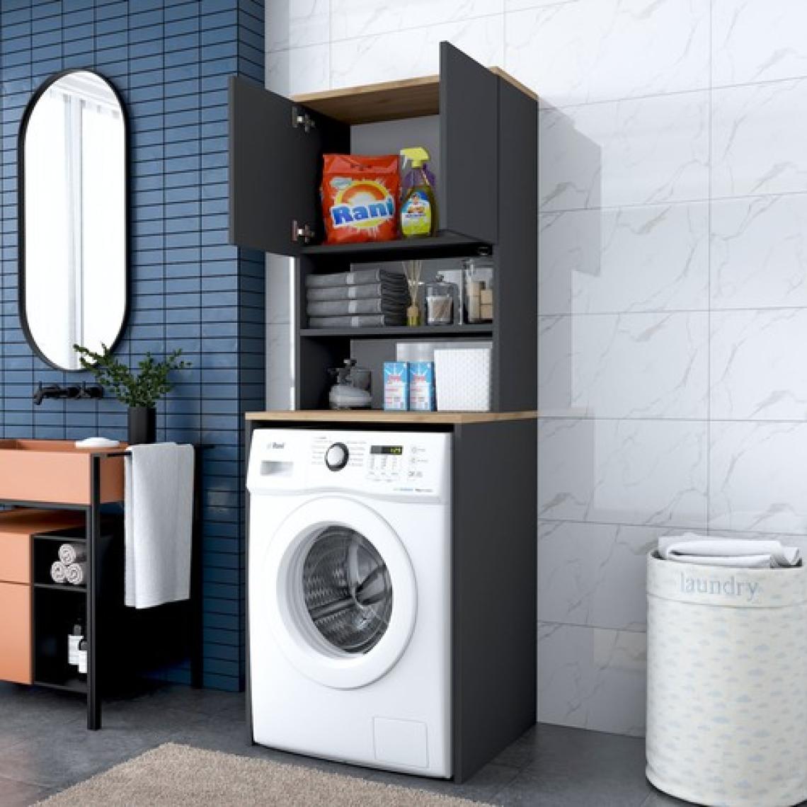 Rani KD101 Çamaşır Makinesi Dolabı 3 Raflı Kapaklı Banyo Dolabı Antrasit - Sepet Ceviz