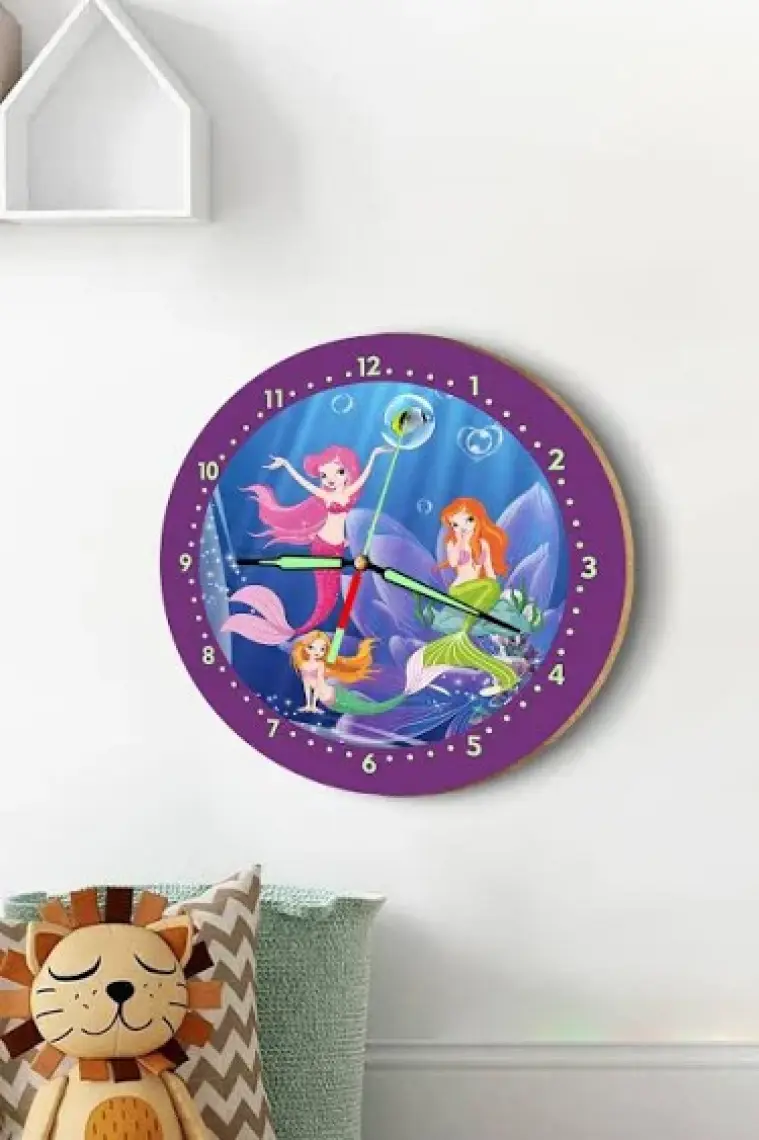 Dekor Loft Fosforlu Gece Parlayan Çocuk Odası Duvar Saati Denizkızı