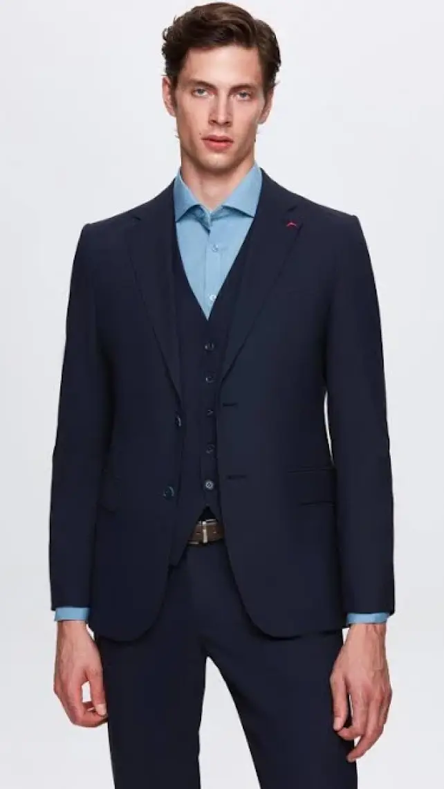 Slim Fit Lacivert Mono Yaka Tek Yırtmaçlı Astarlı Takim Elbise Yelekli 4HFY5ORT01599