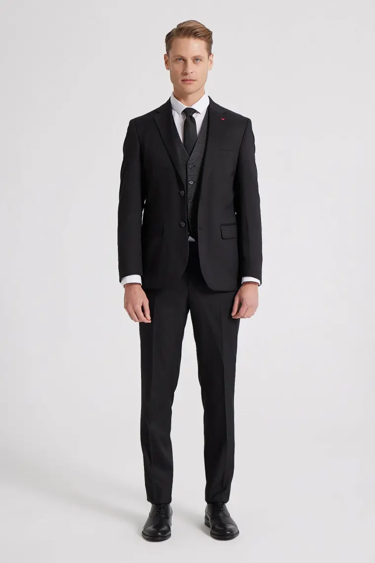 Slim Fit Siyah Düz Mono Yaka Tek Yırtmaçlı Astarlı Takim Elbise Kombinli 8HFY5ORTKMBN2