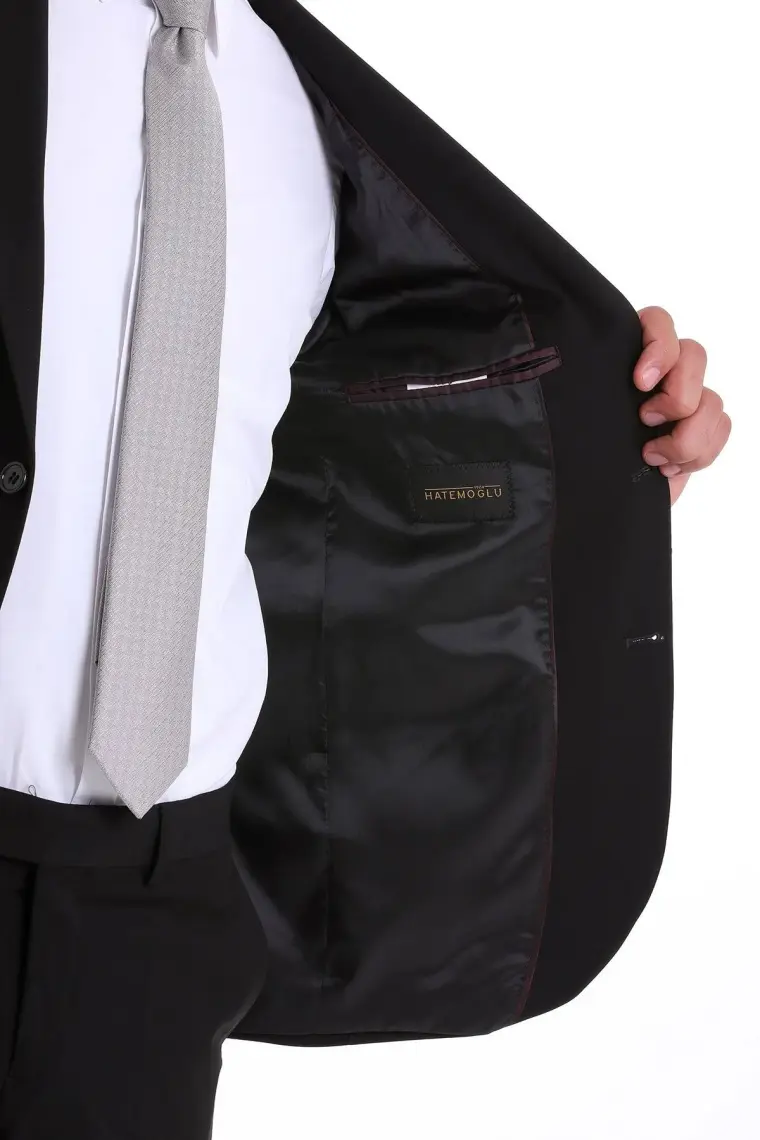 Hatemoğlu Siyah Slim Fit Mono Yaka Desenli Klasik Takım Elbise