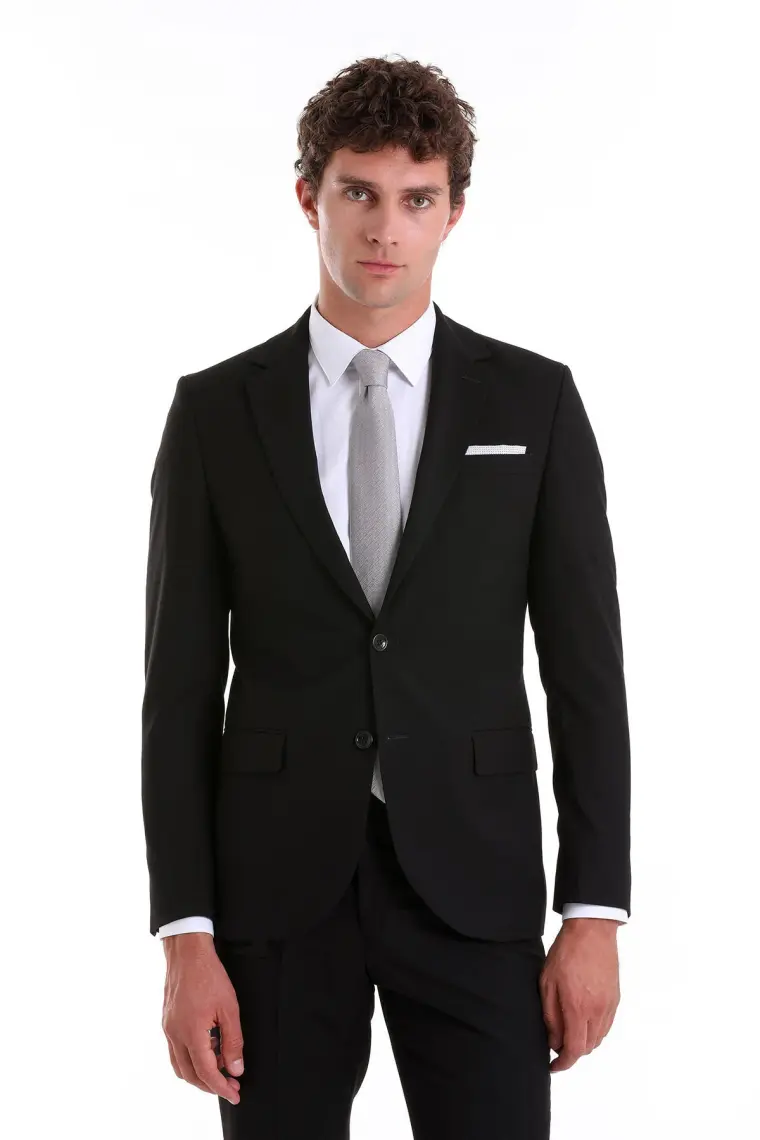 Hatemoğlu Siyah Slim Fit Mono Yaka Desenli Klasik Takım Elbise