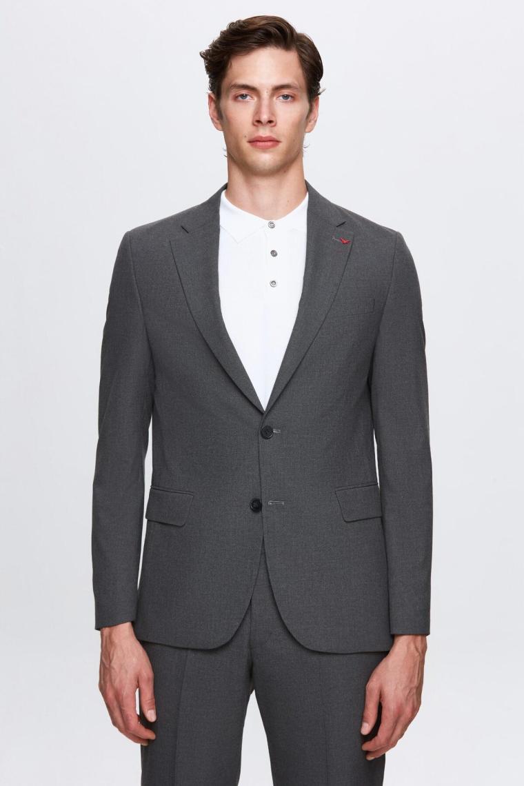 Slim Fit Gri Düz Mono Yaka Çift Yırtmaçlı Astarlı Takim Elbise 4HF05ORT01577