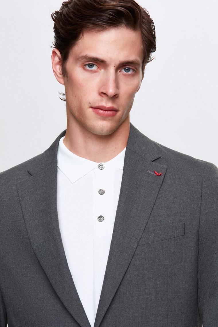 Slim Fit Gri Düz Mono Yaka Çift Yırtmaçlı Astarlı Takim Elbise 4HF05ORT01577