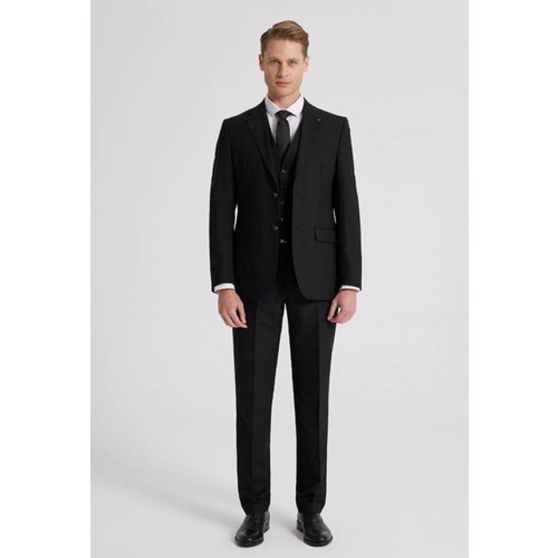 Slim Fit Siyah Mono Yaka Tek Yırtmaçlı Astarlı Takim Elbise Yelekli 4HFY5ORT01599