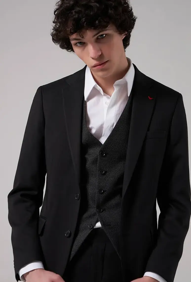 Slim Fit Siyah Düz Mono Yaka Tek Yırtmaçlı Astarlı Takim Elbise Kombinli 8HFY5ORTKMBN2