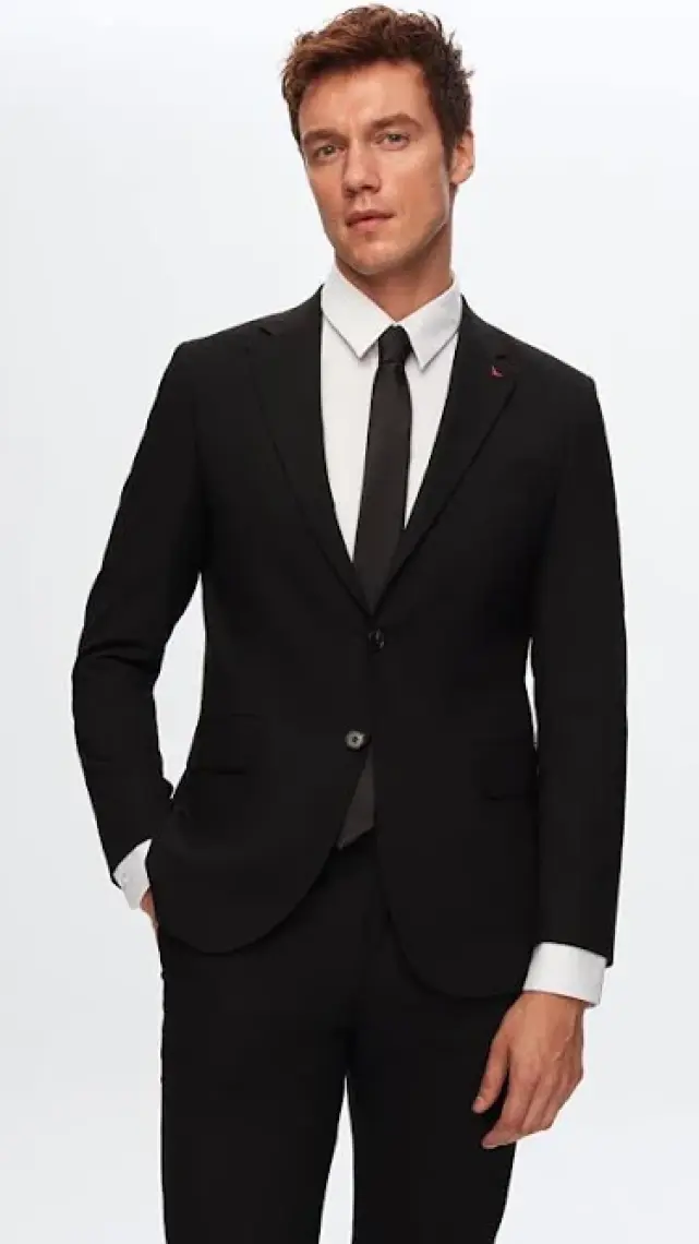 Slim Fit Siyah Düz Mono Yaka Çift Yırtmaçlı Astarlı Takim Elbise 4HF05ORT01577