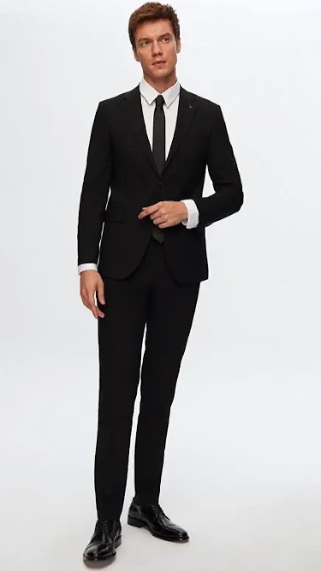 Slim Fit Siyah Düz Mono Yaka Çift Yırtmaçlı Astarlı Takim Elbise 4HF05ORT01577