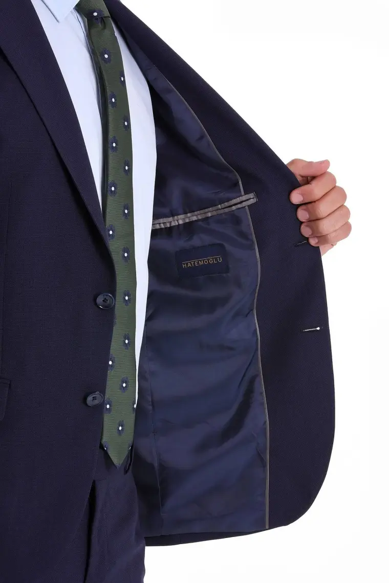 Hatemoğlu Lacivert D. Slim Fit Mono Yaka Desenli Klasik Takım Elbise
