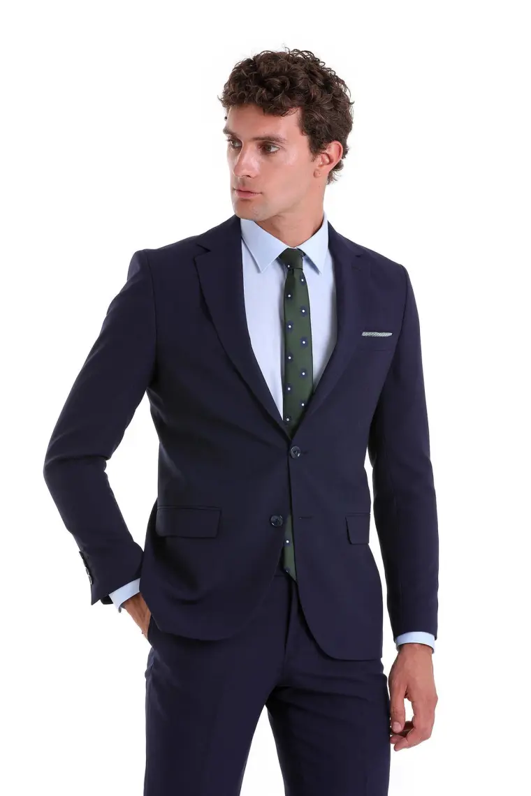 Hatemoğlu Lacivert D. Slim Fit Mono Yaka Desenli Klasik Takım Elbise