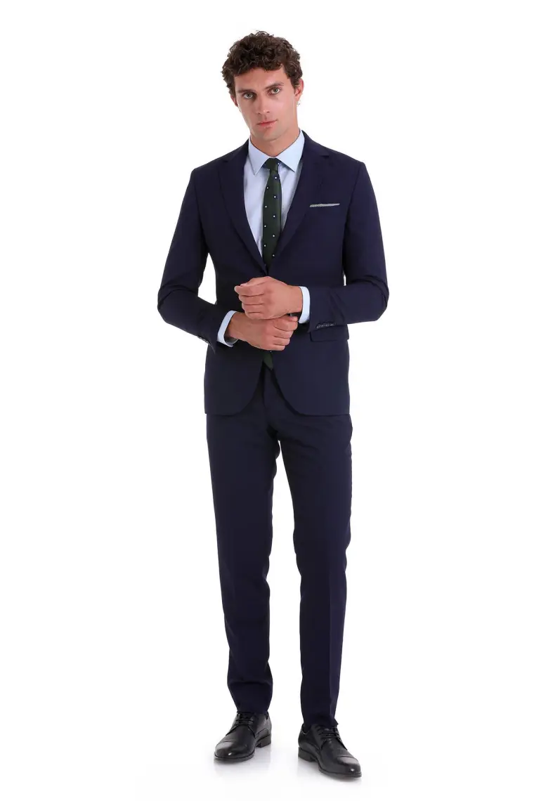 Hatemoğlu Lacivert D. Slim Fit Mono Yaka Desenli Klasik Takım Elbise