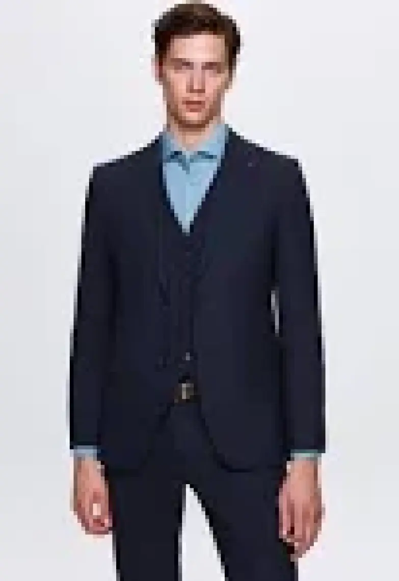 Slim Fit Lacivert Mono Yaka Tek Yırtmaçlı Astarlı Takim Elbise Yelekli 4HFY5ORT01599